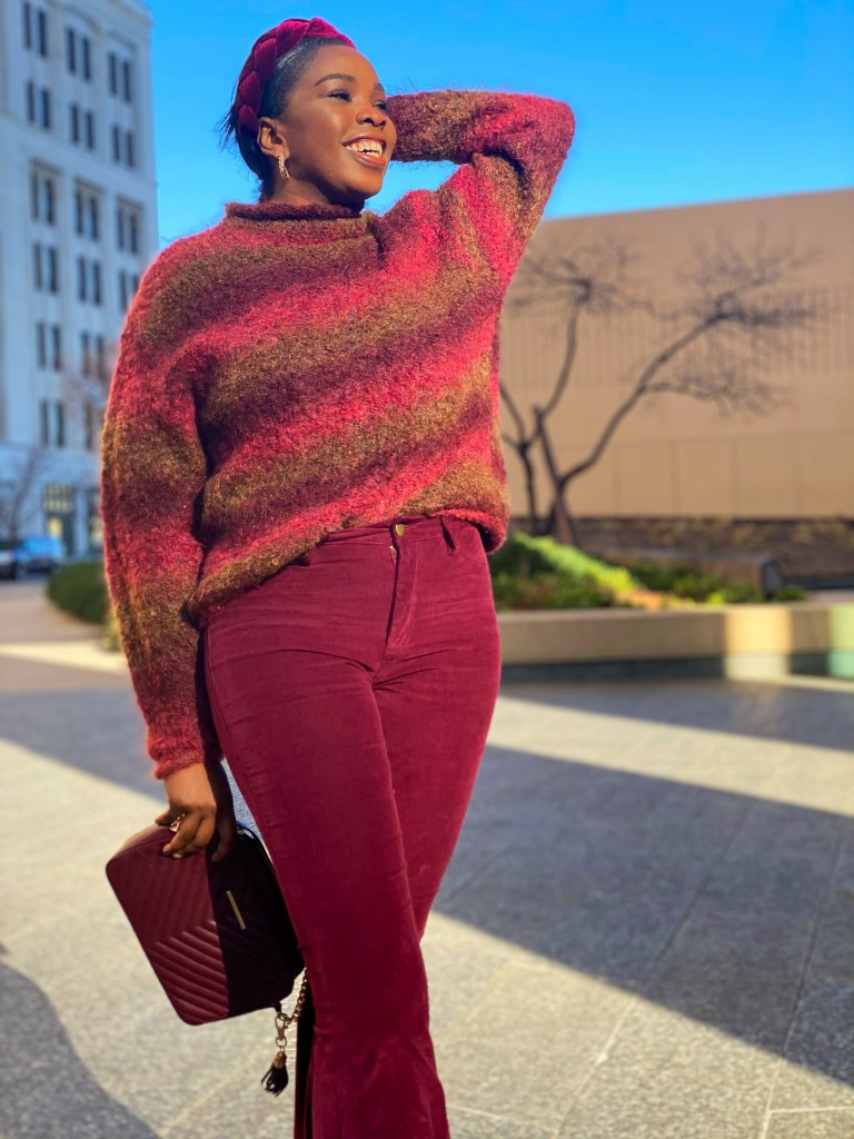 Textured Fuzzy Sweater with Burgundy Flared Trousers Textured Fuzzy Sweater with Burgundy Flared Trousers — Galentines Outfits 2027