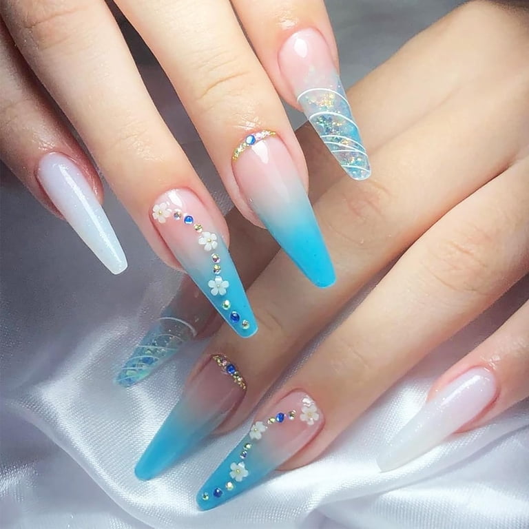 Blue Ombre with 3D Floral Charms and Glitter — Long Coffin Nails 2027