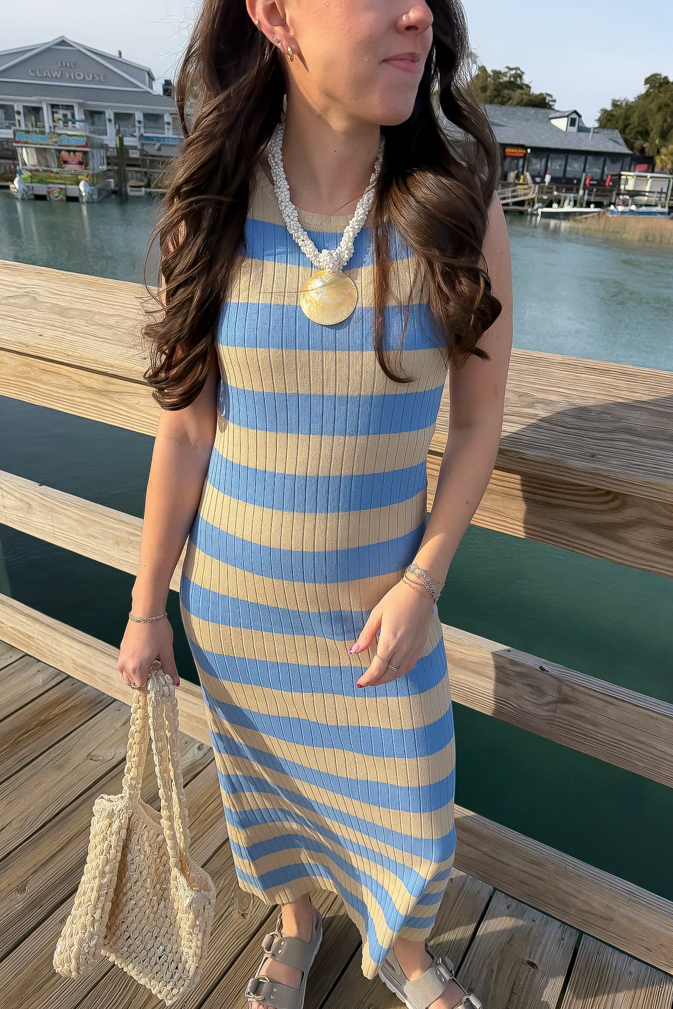 Blue and Beige Striped Knit Maxi Dress with Grey Flat Sandals Blue and Beige Striped Knit Maxi Dress with Grey Flat Sandals — Dress 2027 with Sandals Outfit