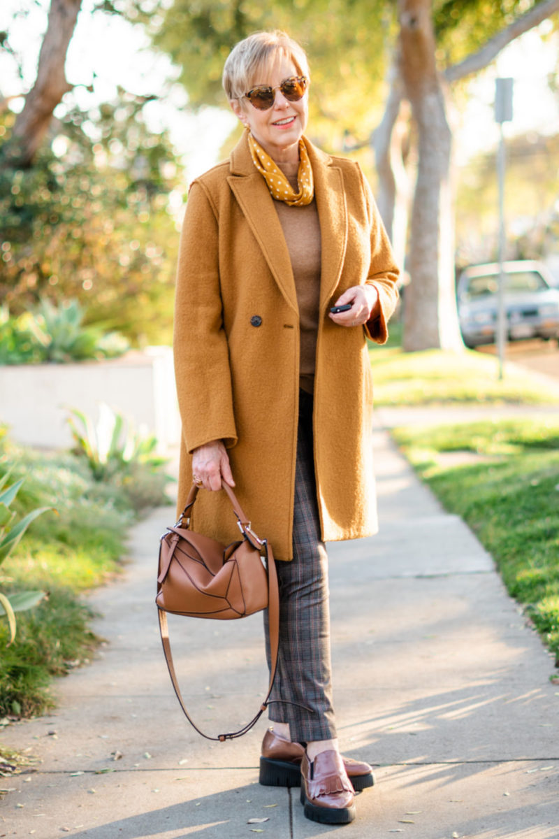 Mustard Yellow Wool-Blend Coat Over Plaid Slim Pants — Mustard Outfits 2027