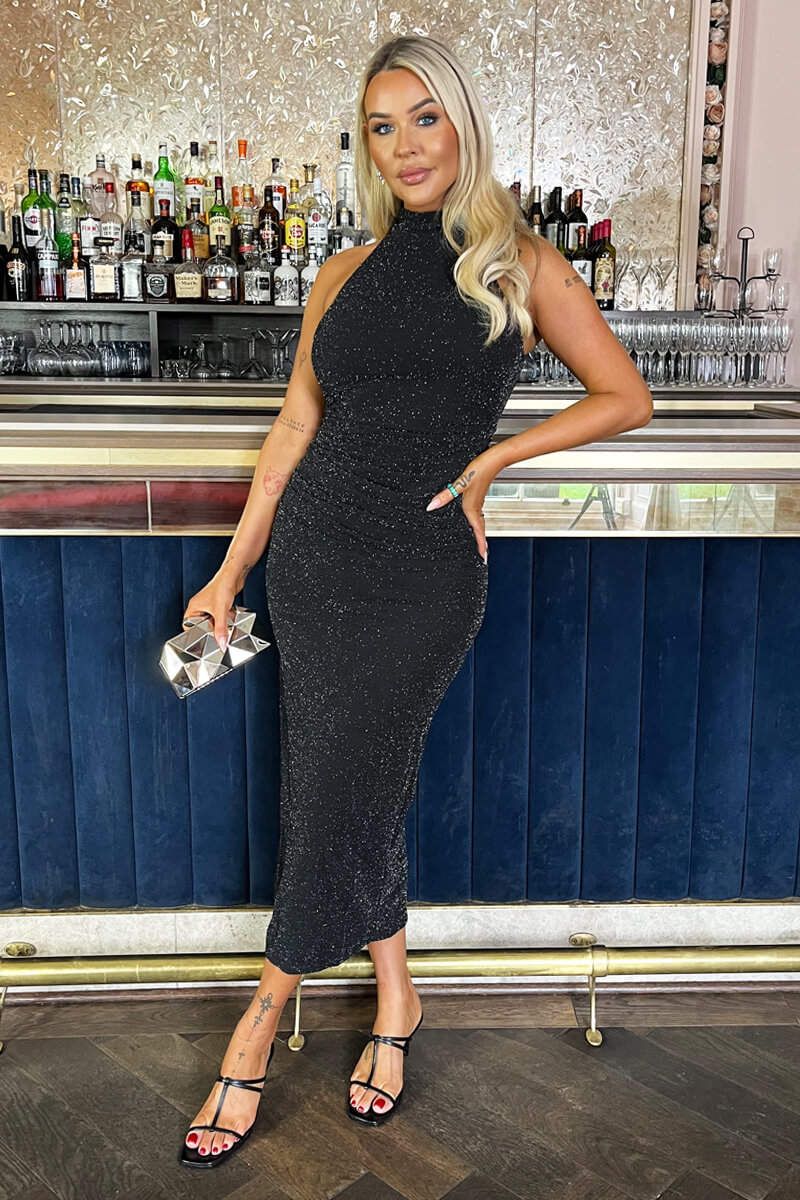 Black Sparkle Ruched Bodycon Midi Dress with Halter Neck Black Sparkle Ruched Bodycon Midi Dress with Halter Neck — Shrink Wrap Outfits 2027
