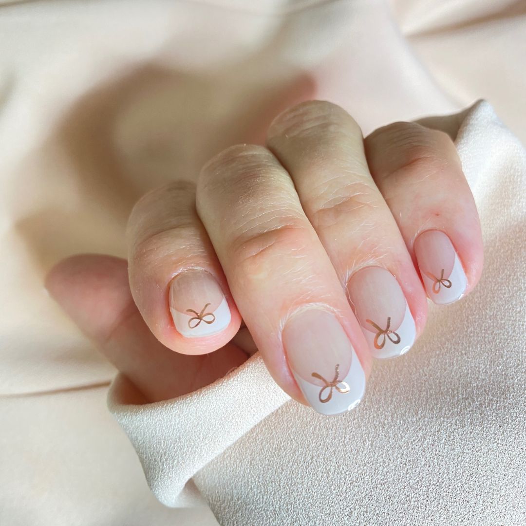 Short Square French with Rose Gold Bows — Pink Bow Nails 2027