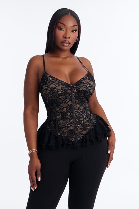 Black Lace Corset with Peplum Hem and Leggings Black Lace Corset with Peplum Hem and Leggings — Lace Corset Top Outfits 2027