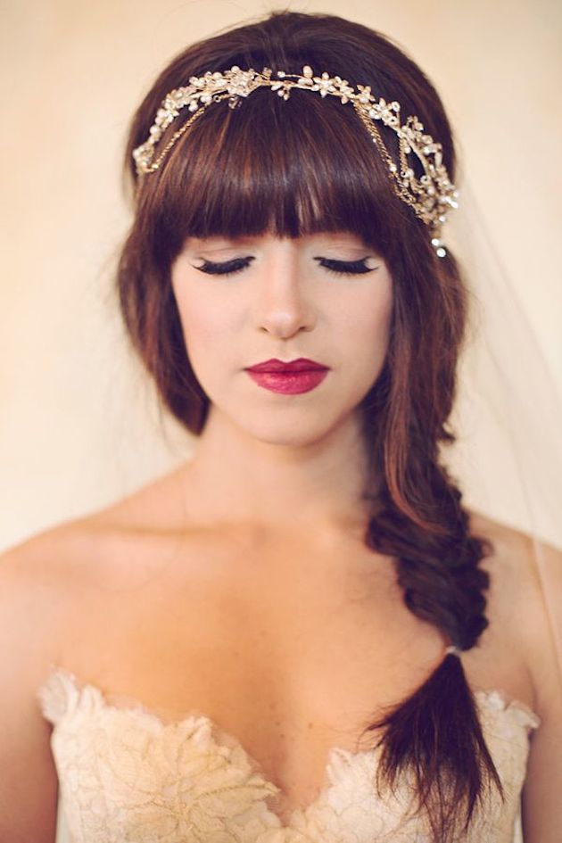 Dark Brown Side Braid With Blunt Bangs Dark Brown Side Braid With Blunt Bangs — Wedding Bangs 2027