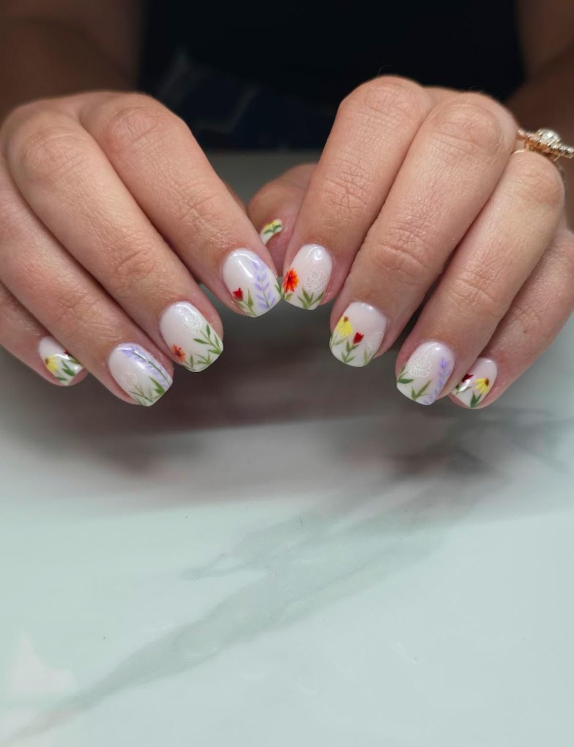 Short Square with Colorful Floral Motifs — Floral Wedding Nails 2027