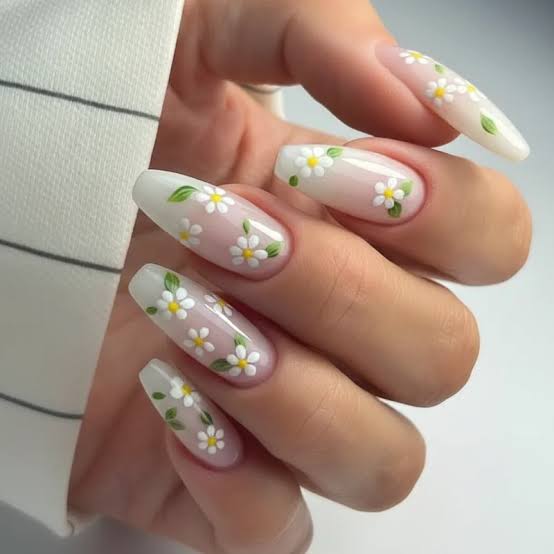 Long Coffin Nails With Daisy Designs Long Coffin Nails With Daisy Designs — Flower Nails 2027