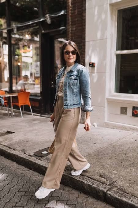 Casual Light Wash Denim Jacket with Beige Wide-Leg Pants — Denim Jackets 2027