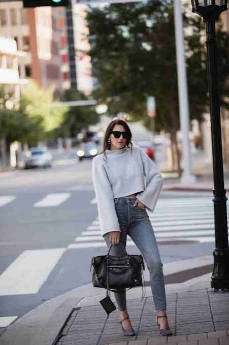 Grey Cropped Turtleneck Sweater with Bell Sleeves — Turtleneck Outfits 2027