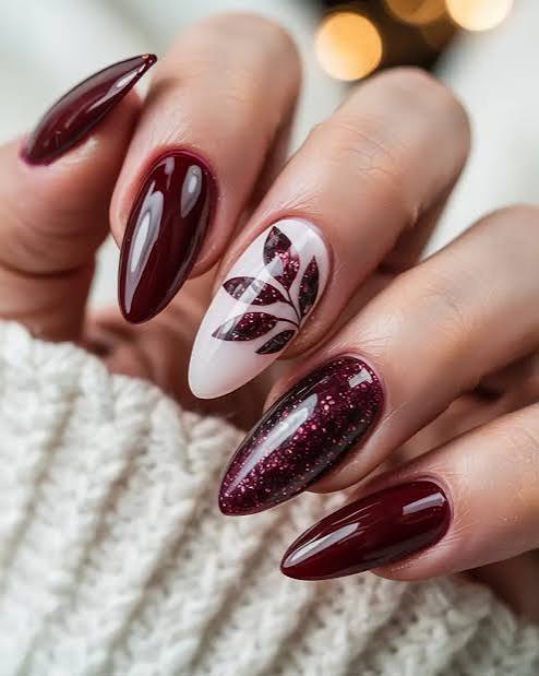 Burgundy Leaf Art on Sheer White — Cozy Winter Nails 2027