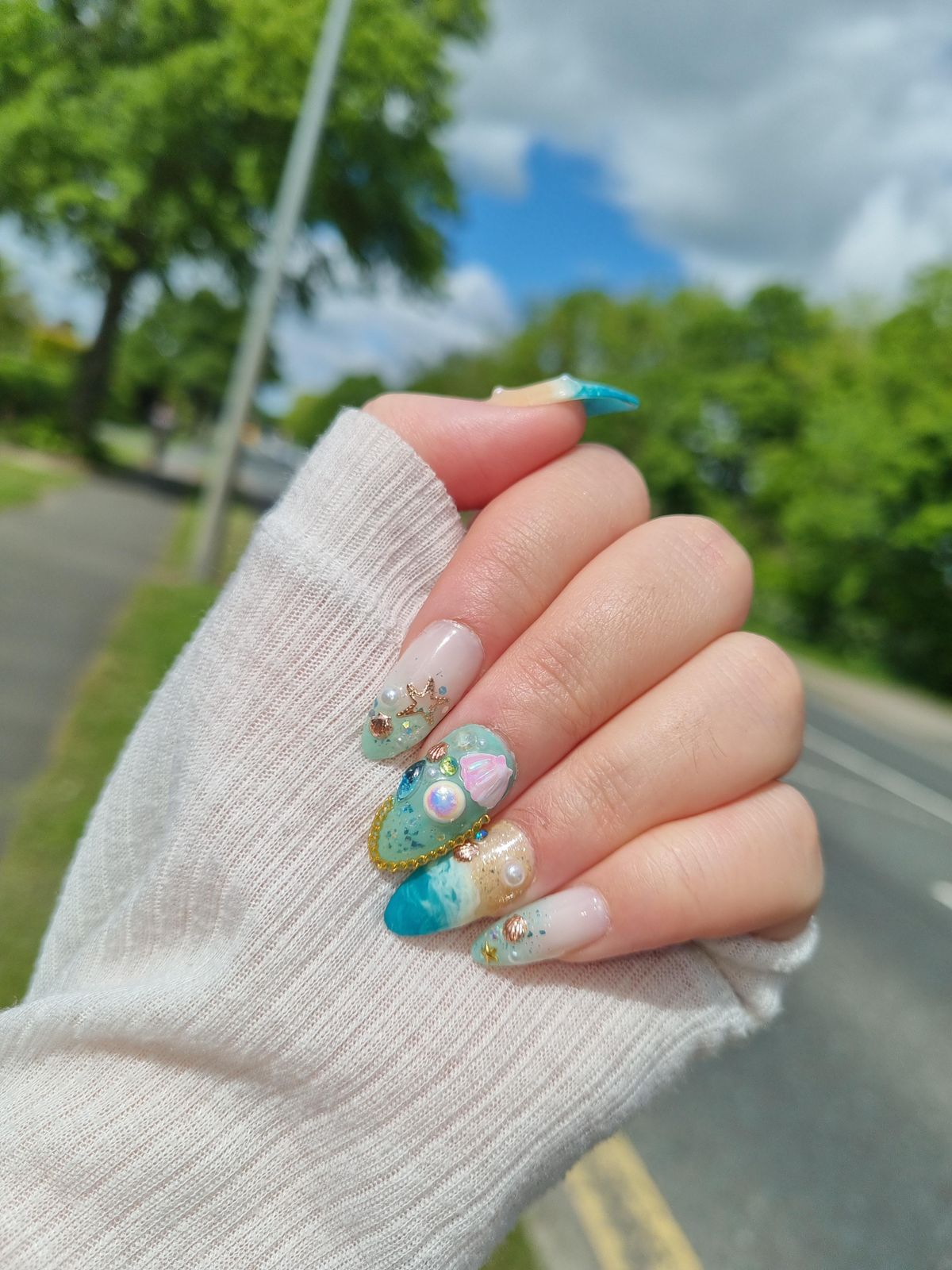 Teal 3D Shell Charm Stilettos Teal 3D Shell Charm Stilettos — Bahamas Nails 2027
