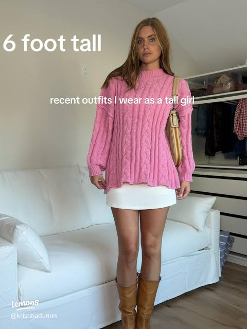 Oversized Pink Cable Knit Sweater with Mini Skirt — Tall Women Outfits 2027