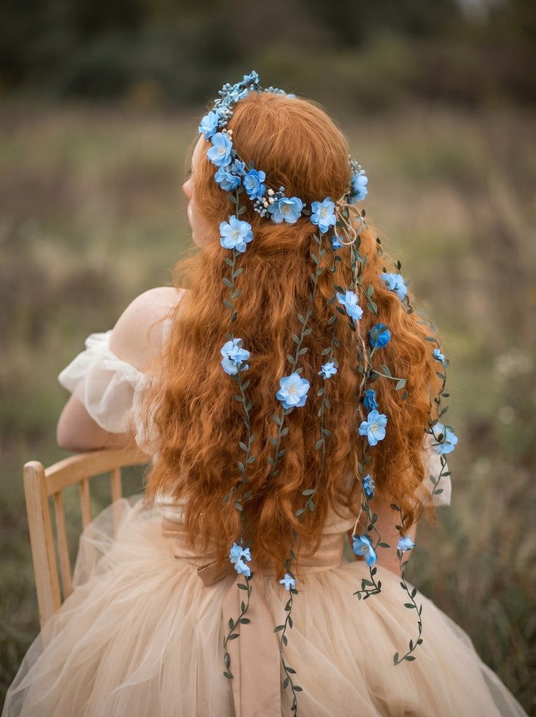 Mid-Back Red Waves with Blue Flower Crown — Flower Crown Hairstyles 2027
