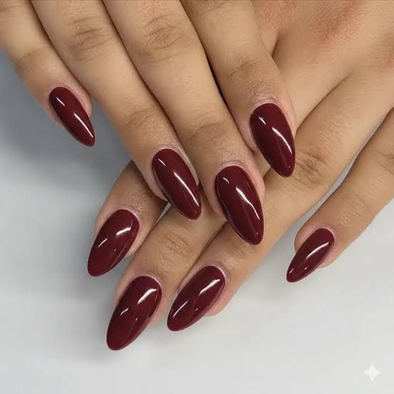 Long Almond Deep Burgundy Gloss Nails — Garnet Nails 2027