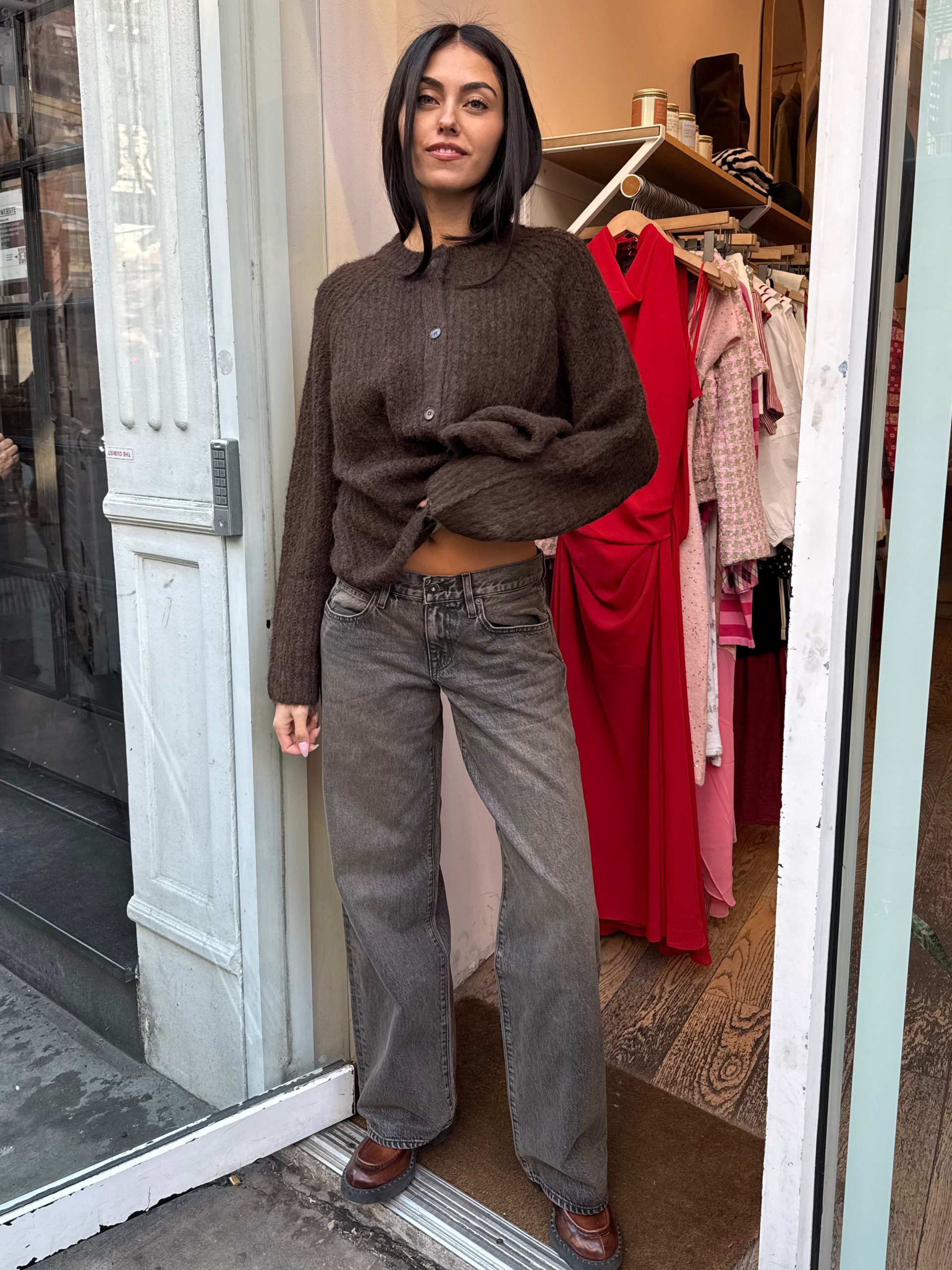 Cozy Casual: Grey Low-Rise Jeans with Tied Cardigan Cozy Casual: Grey Low-Rise Jeans with Tied Cardigan — Low Rise Jeans 2027