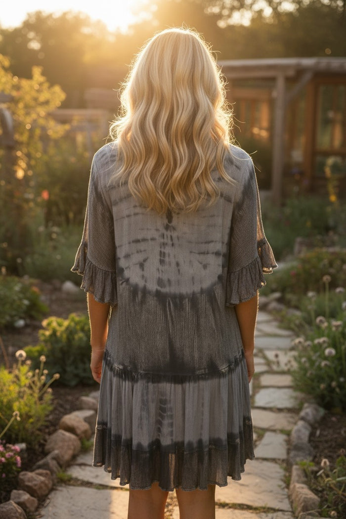 Charcoal Tie-Dye Dress: Bohemian Casual with Ruffled Details Charcoal Tie-Dye Dress: Bohemian Casual with Ruffled Details — Charcoal Outfits 2027