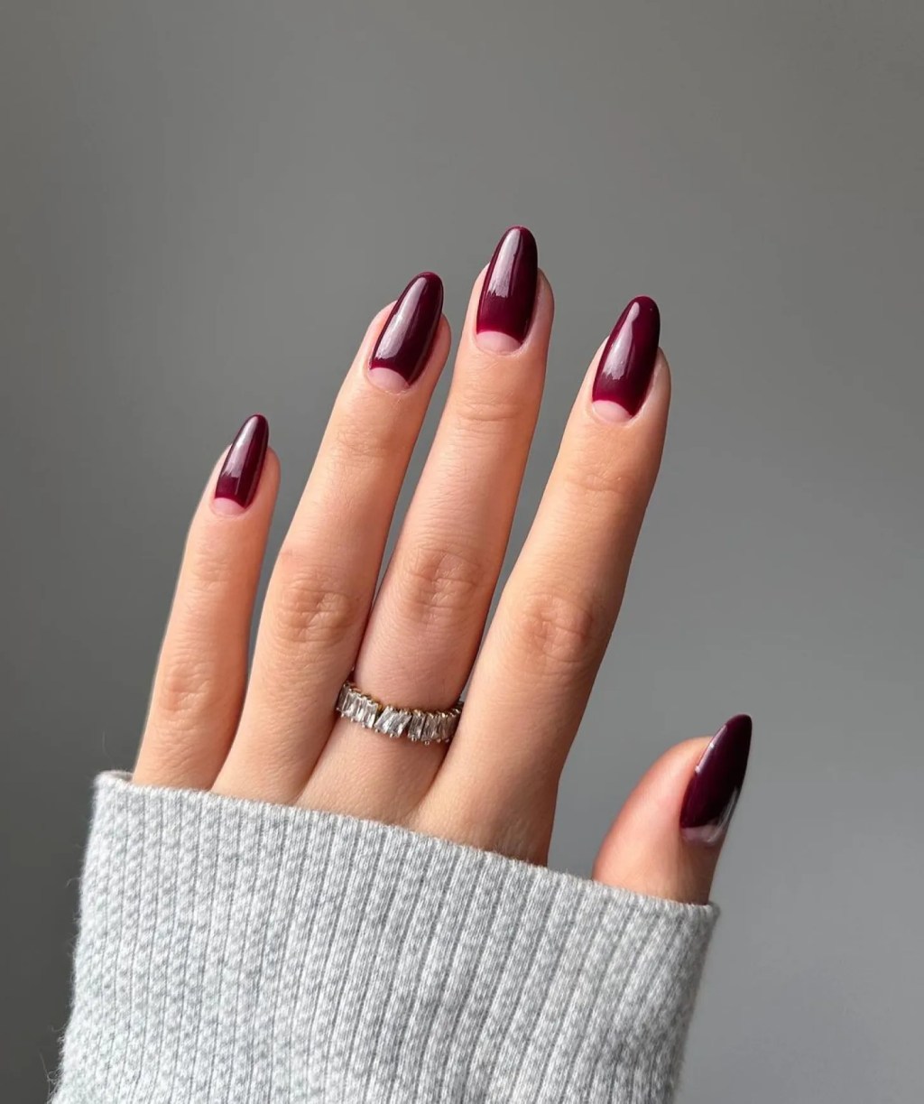 Berry Red Glossy Reverse French Berry Red Glossy Reverse French — Medium Length Winter Nails 2027