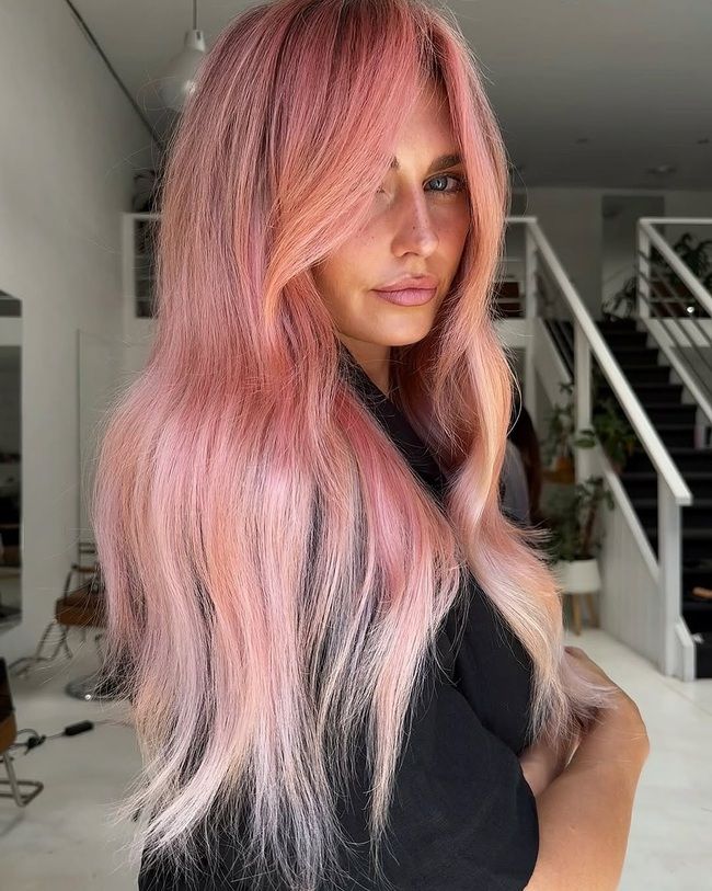 Rose Gold Pink Waves With Side-Swept Bangs — Pink Hair 2027