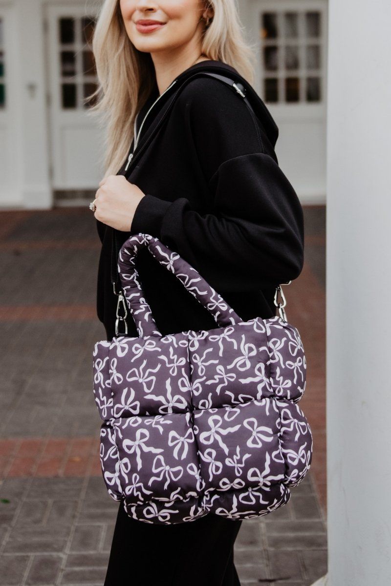 Casual Purple Puffer Tote with Bow Print — Puffer Bag Outfits 2027