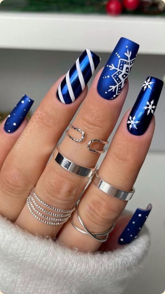 Deep Blue Matte Square Snowflake Nails Deep Blue Matte Square Snowflake Nails — Blue Christmas Nails 2026