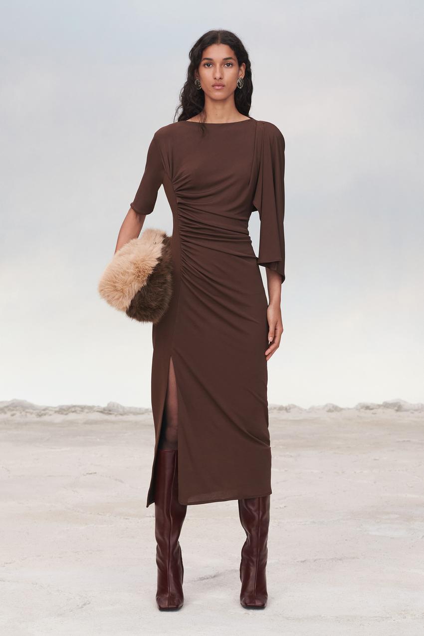 Brown Ruched Midi Dress with Tall Burgundy Boots Brown Ruched Midi Dress with Tall Burgundy Boots — Zara Outfits 2027