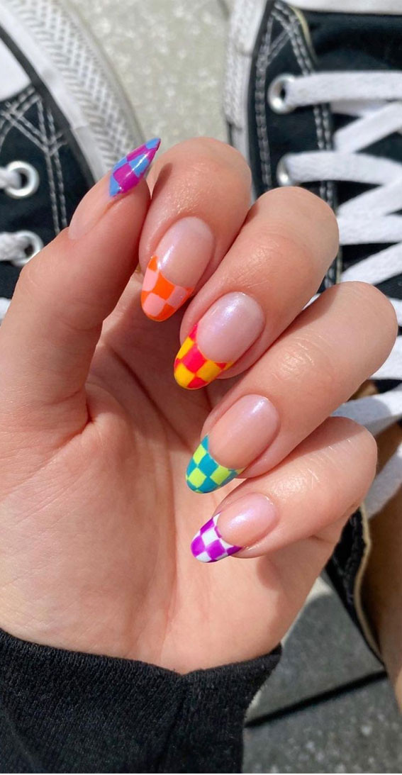 Colorful Checkered French Tip Almond Nails Colorful Checkered French Tip Almond Nails — Rainbow Checkered Nails 2027