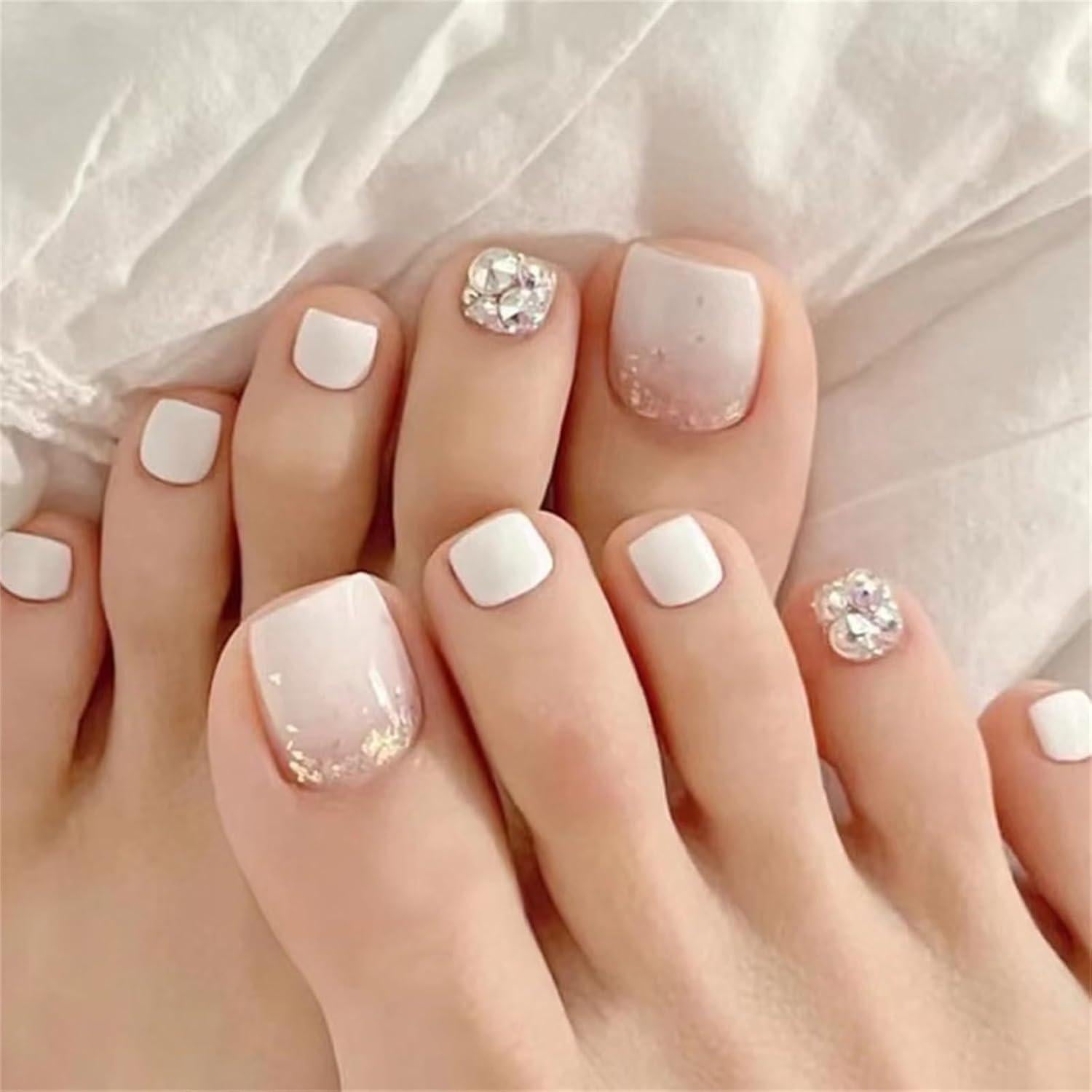 White and Pink Gradient Toes with Rhinestones — Wedding Toe Nails 2027