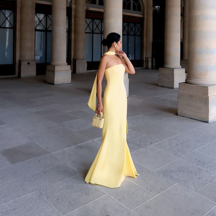 Pale Yellow Satin Strapless Mermaid Gown with Draped Sleeve Pale Yellow Satin Strapless Mermaid Gown with Draped Sleeve — Mermaid Gala Dress 2027