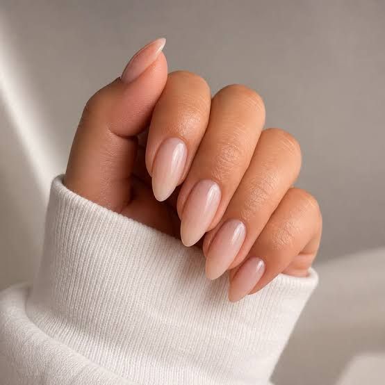 Sheer Milky Nude Long Almonds — Almond Nails 2027 for Chubby Fingers