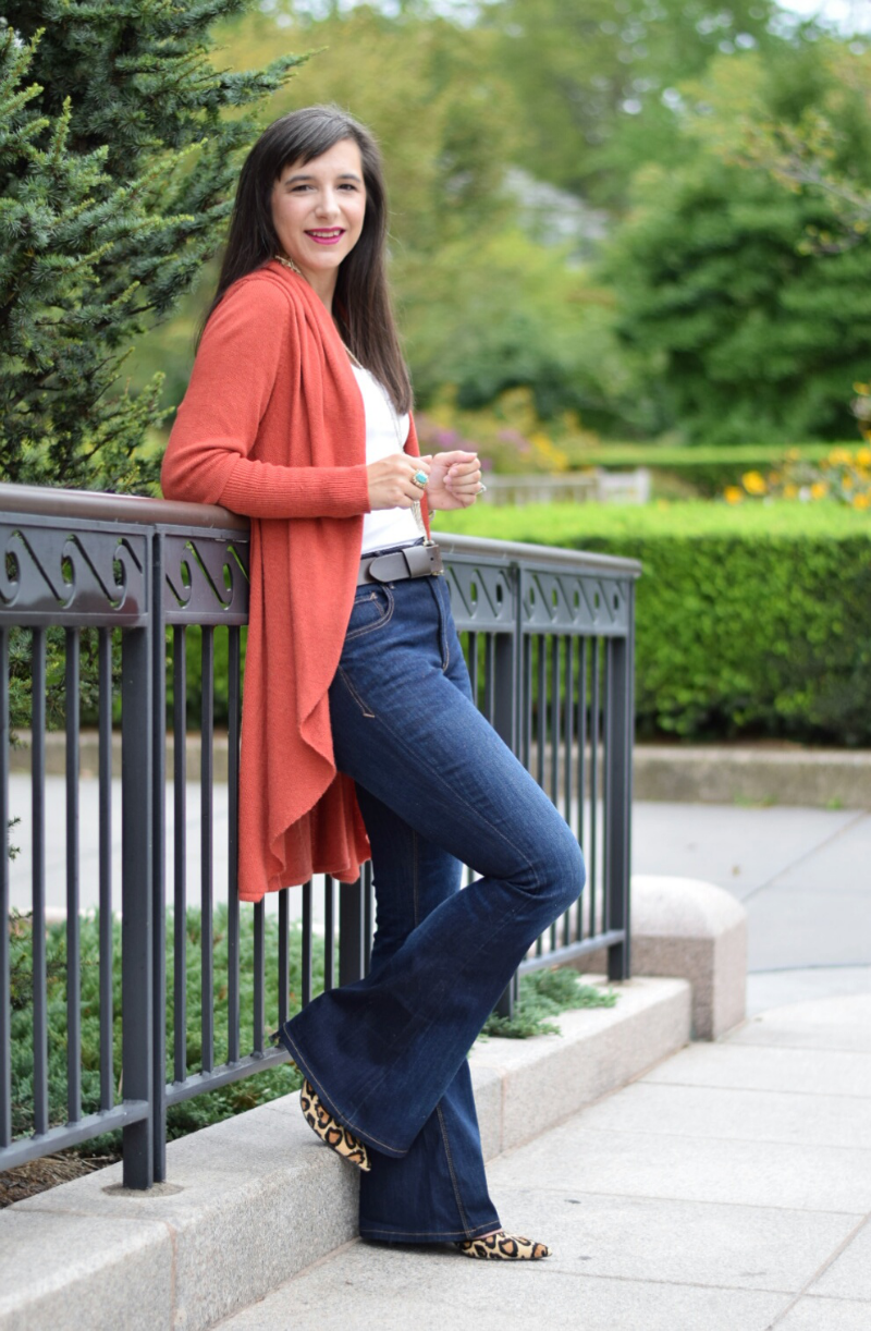 Burnt Orange Longline Cardigan with Flare Jeans Burnt Orange Longline Cardigan with Flare Jeans — Fall Cardigan Outfits 2026