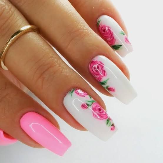 White Glossy with Pink Rose Accents — Rose Nails 2027