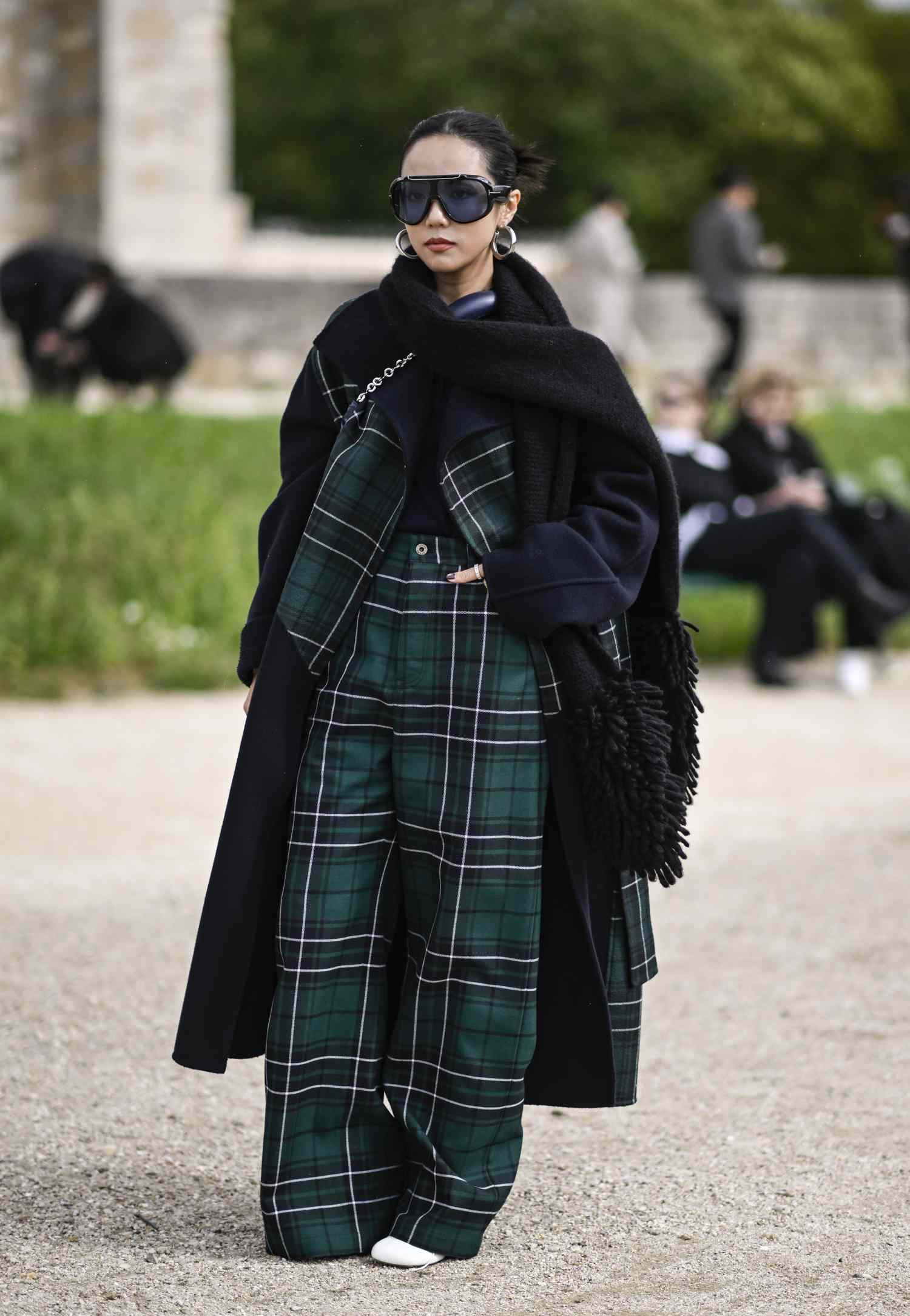 Sophisticated Plaid Trousers with a Long Coat — Plaid Christmas Outfits 2026