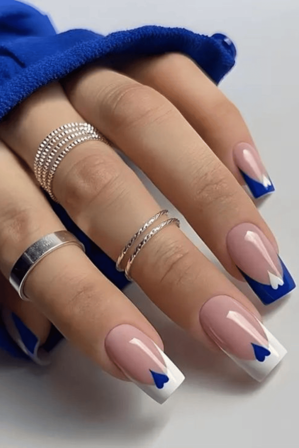 Long Square Pink French With Blue Hearts Long Square Pink French With Blue Hearts — Simple Graduation Nails 2027