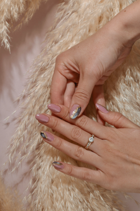 Glossy Floral Rhinestone Nude Almond Nails Glossy Floral Rhinestone Nude Almond Nails — Short Prom Nails 2027