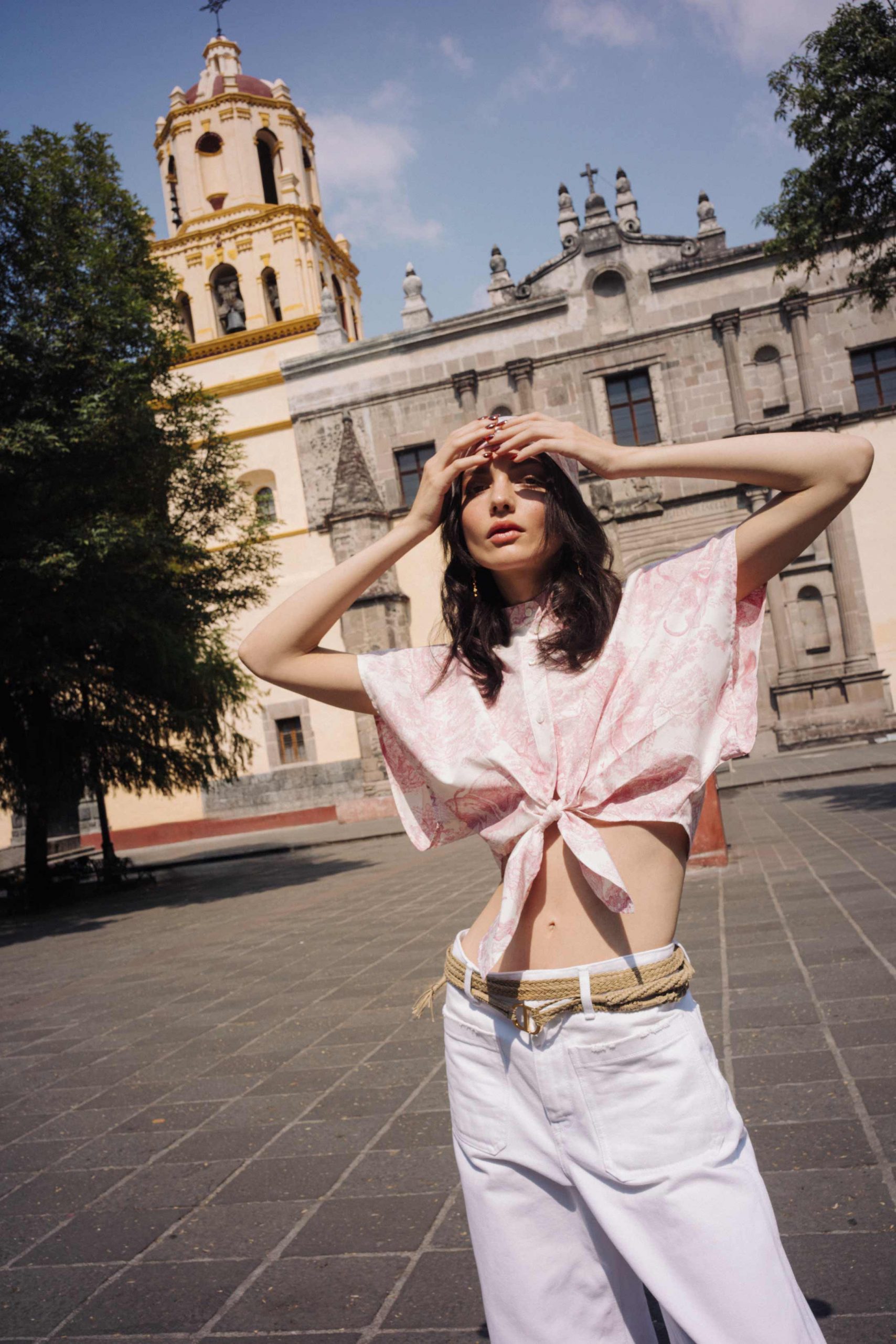 Pink and White Tie-Front Cropped Shirt with High-Waisted Pants Pink and White Tie-Front Cropped Shirt with High-Waisted Pants — Mexico City Outfits 2027