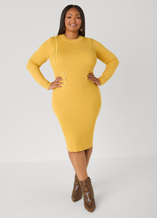 Mustard Yellow Ribbed Knit Dress with Corset Detail — Curvy Outfits 2027
