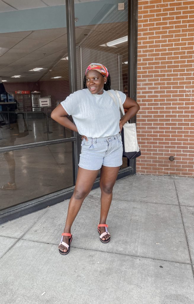 Light Wash Denim Shorts with Textured Top and Gingham Headscarf Light Wash Denim Shorts with Textured Top and Gingham Headscarf — Summer Outfits 2027 with Shorts