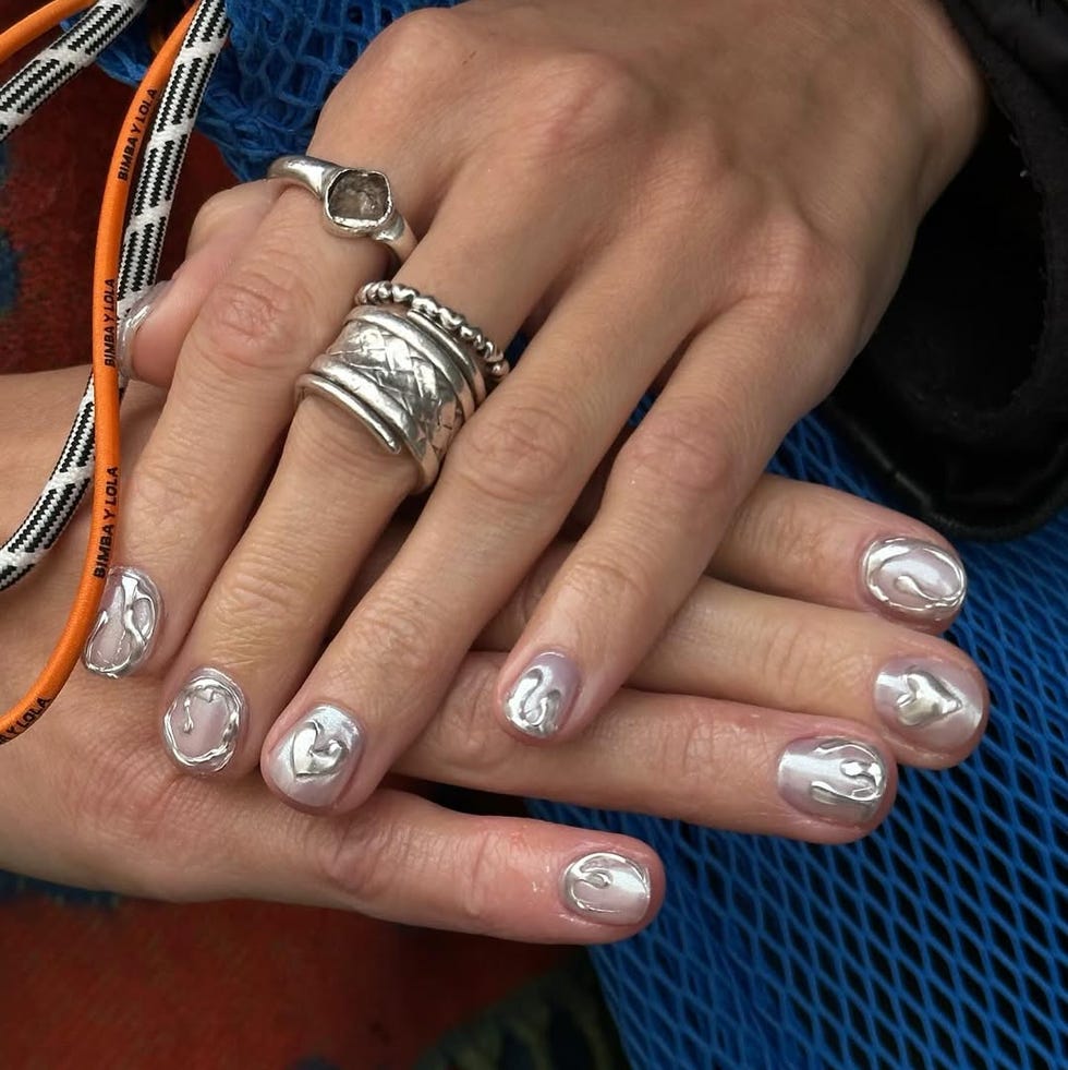 3D Abstract Silver Shapes on Sheer Base 3D Abstract Silver Shapes on Sheer Base — Silver Nails 2027