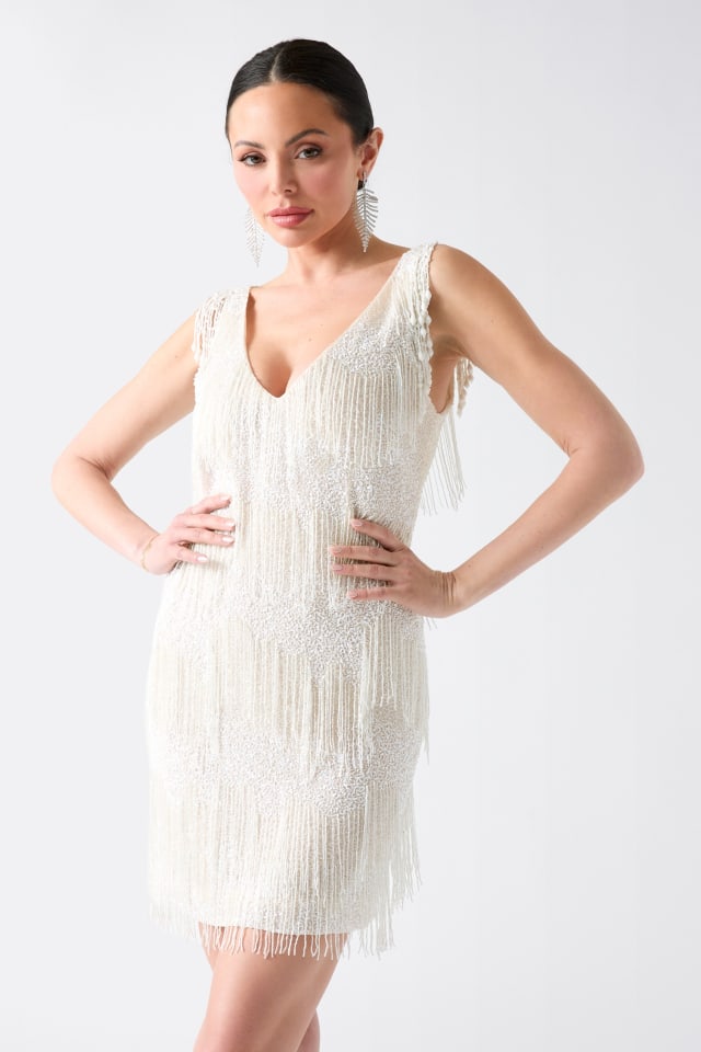 White Sequin and Beaded Fringe Dress with V-Neck — Sequin Dress New Years 2027