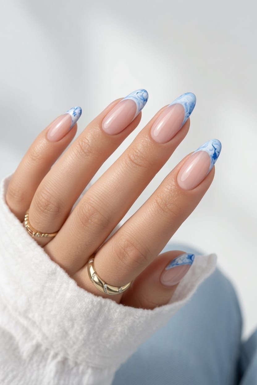 Long Almond Blue Marble French Long Almond Blue Marble French — French Tip Nails 2027 for Wide Nail Beds