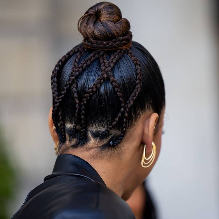 Mid-Back Geometric Dark Brown Braided Bun Mid-Back Geometric Dark Brown Braided Bun — Braided Bun 2027