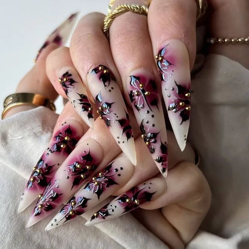 Dark Floral Stilettos With Gold Bead Accents Dark Floral Stilettos With Gold Bead Accents — Floral Stiletto Nails 2027