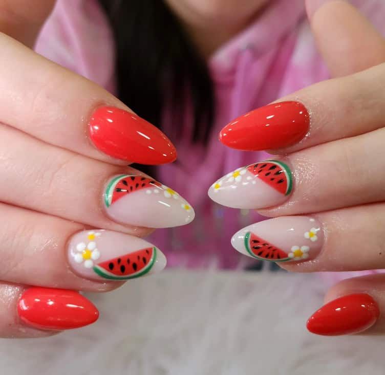 Short Almond Watermelon Slices with Flowers Short Almond Watermelon Slices with Flowers — Watermelon Nails 2027