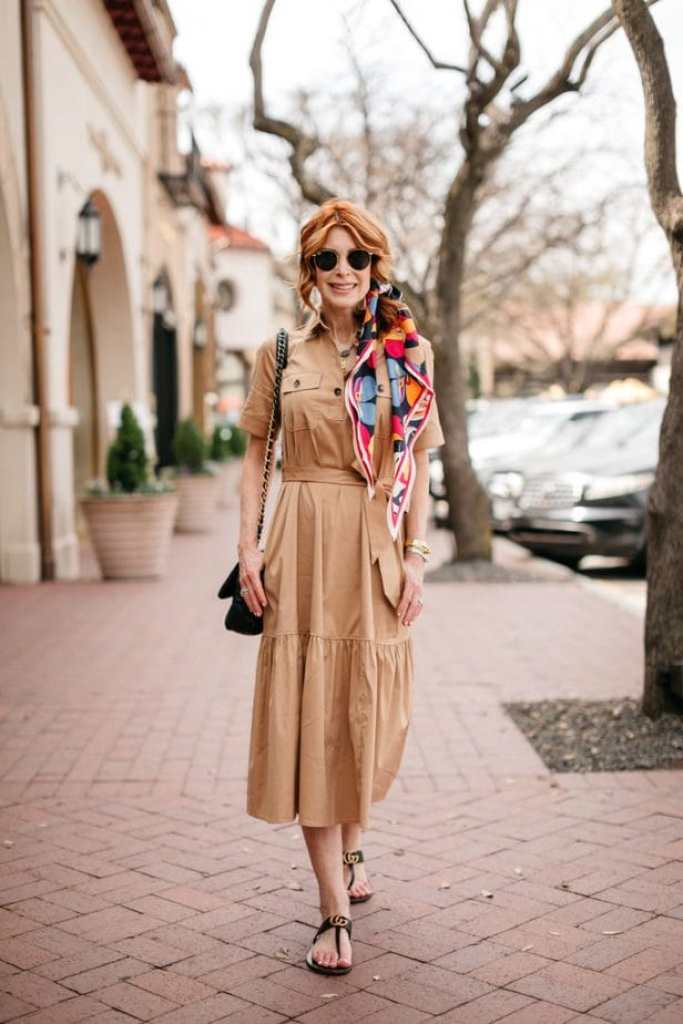 Casual Comfort: Shirt Dress with Patterned Scarf — Dallas Outfits 2027