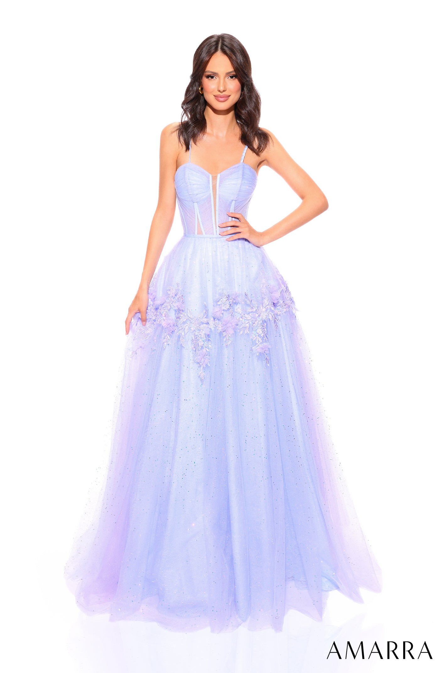 Strapless Lavender Ballgown with Floral Appliques and Tulle Skirt Strapless Lavender Ballgown with Floral Appliques and Tulle Skirt — Lavender Outfits 2027