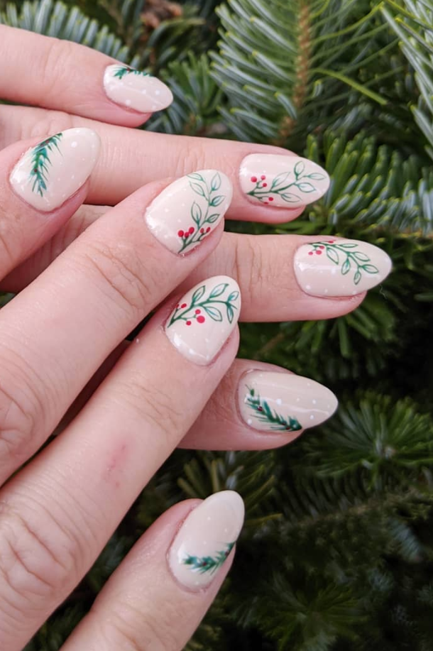 Nude Pine Branch Red Berry Oval Nails Nude Pine Branch Red Berry Oval Nails — Neutral Christmas Nails 2026