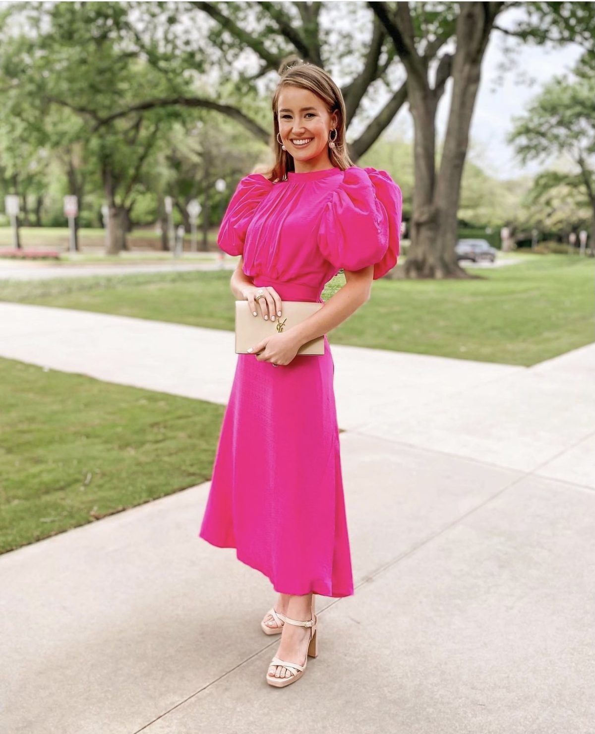 Bright Pink Midi Dress with Dramatic Puffy Sleeves — Summer Wedding Outfits 2027