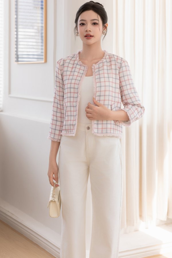 Beige Pinstripe Blazer with Textured Knit Top and Wide-Leg Trousers — Office Outfits for Women 2027