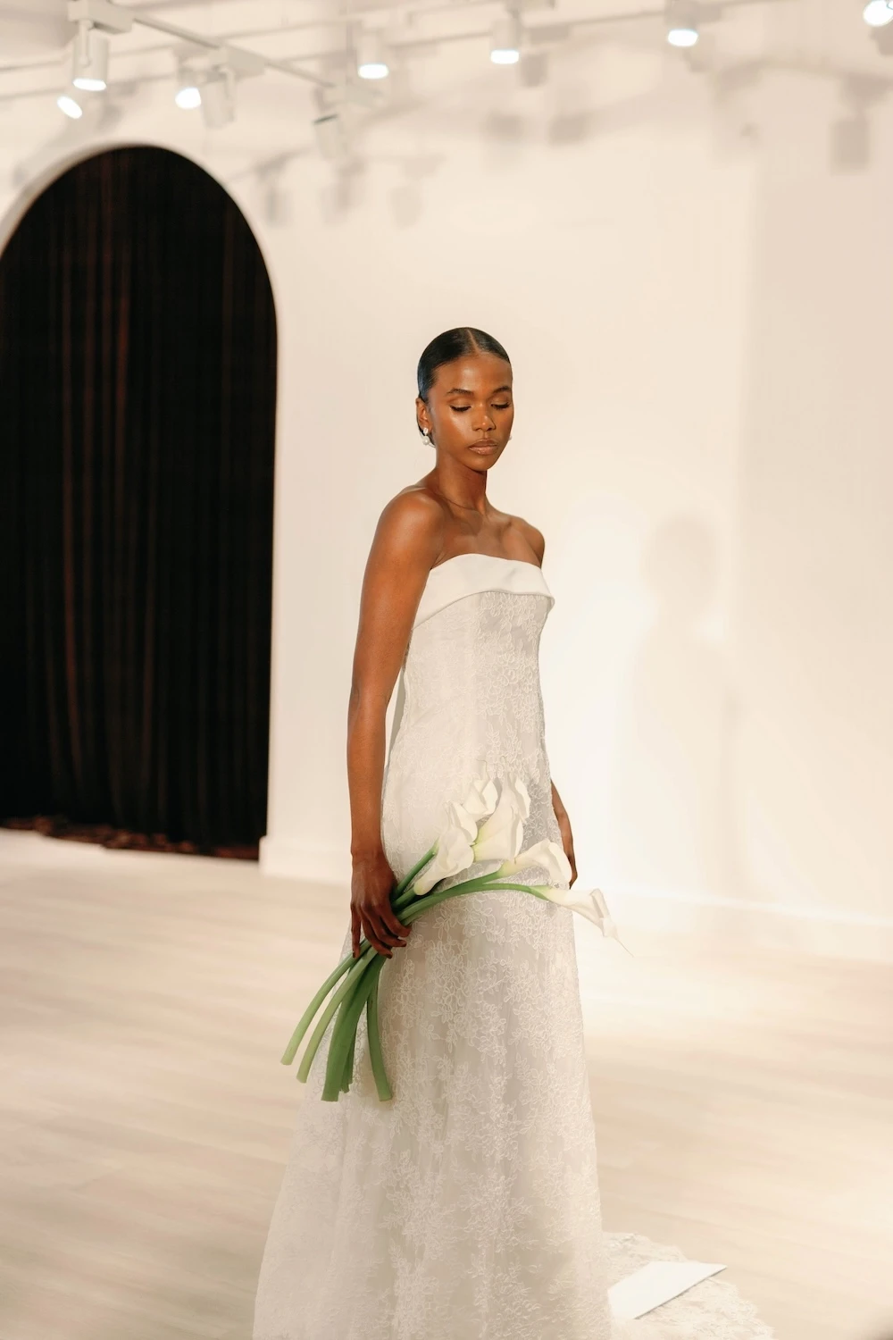 White Strapless Wedding Dress with Lace Overlay and Sheath Silhouette White Strapless Wedding Dress with Lace Overlay and Sheath Silhouette — Strapless Dresses 2027