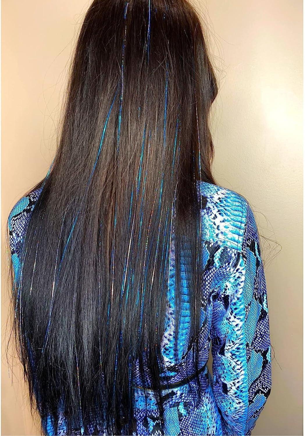 Long Dark Brown With Silver and Blue Tinsel — Hair Tinsel 2027