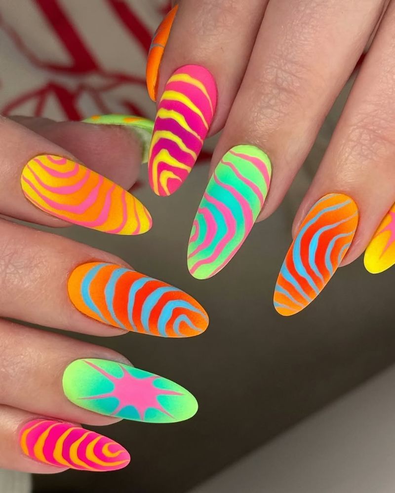 Matte Neon Swirls on Medium Ovals Matte Neon Swirls on Medium Ovals — Neon Matte Nails 2027